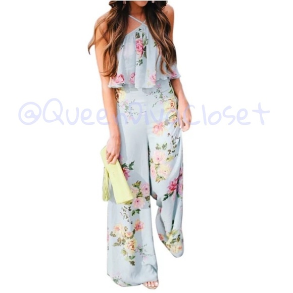 Pants - Petite wide leg light blue floral halter jumpsuit